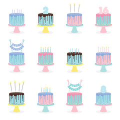 Set of birthday cakes with candles, sparklers and decoration. Vector - 130525390
