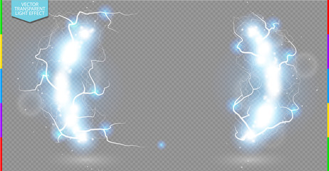 Abstract electric science frame. Shine border with energy lightning and spotlight. Light flare and spark effect. Fiction vector blue bracket on transparent. Glow quote space for message or logo