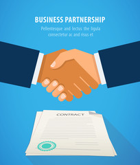Handshake business on background of contract flat design vector illustration.