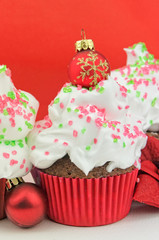 Colorful Christmas cupcakes with copy space