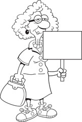 Black and white illustration of an old lady holding a sign.
