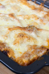 Closeup macro view lasagna italian food