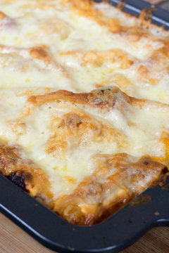 Closeup macro view lasagna italian food