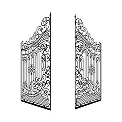 Isolated Decorated Steel Open Gates Illustration. Black and White