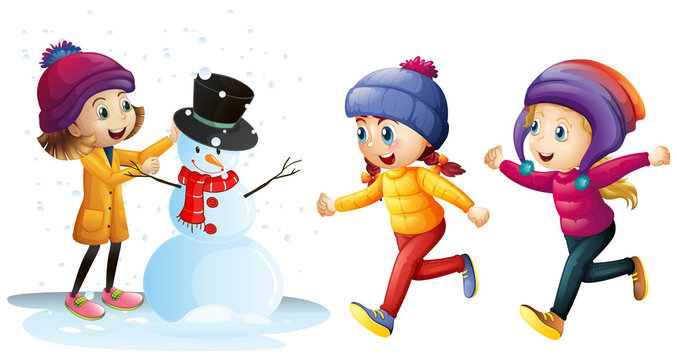 Three girls playing with snowman