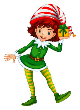 Girl dressed up in elf outfit holding present box