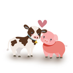 A Cow and a Pig In Love on White Background
