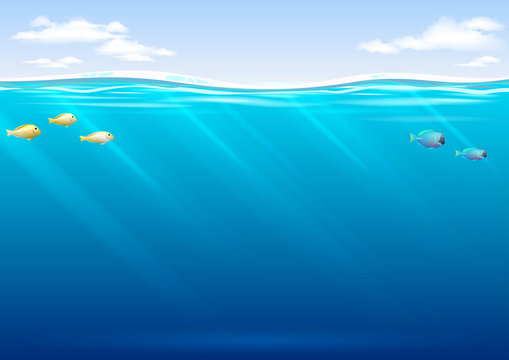 Underwater background with tropical fish and sky in vector graphics. Blue waves and transparent rays
