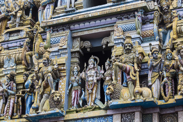 Closeup details on the tower of a Hindu Temple dedicated to Lord