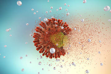 Destruction of Human Immunodeficiency Virus HIV , AIDs virus by silver nanoparticles, 3D illustration. Concept for HIV treatment and prevention - obrazy, fototapety, plakaty