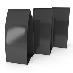 Three black paper tent cards. 3d render illustration isolated. Table cards mock up on white background.