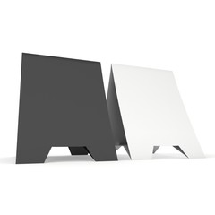 Two blank paper tent cards. 3d render illustration isolated. Table cards mock up on white background.