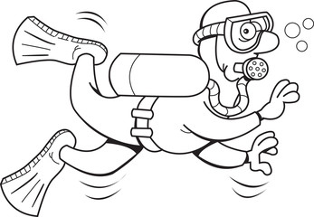 Black and white illustration of a scuba diver. 