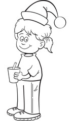 Black and white illustration of a girl wearing a Santa hat.