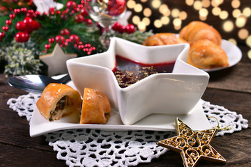 red borscht and mushroom pastries for christmas eve - obrazy, fototapety, plakaty
