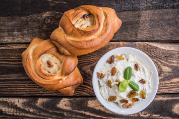 Delicious cheesecake. Wooden background. Close-up