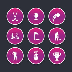 Golf icons set, clubs, player, golfer, golf bag, trendy round pictograms, vector illustration