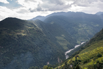 Naklejka na ściany i meble View on the way from Gurjung to Chomrong, Annapurna mountain range at Himalaya Nepal