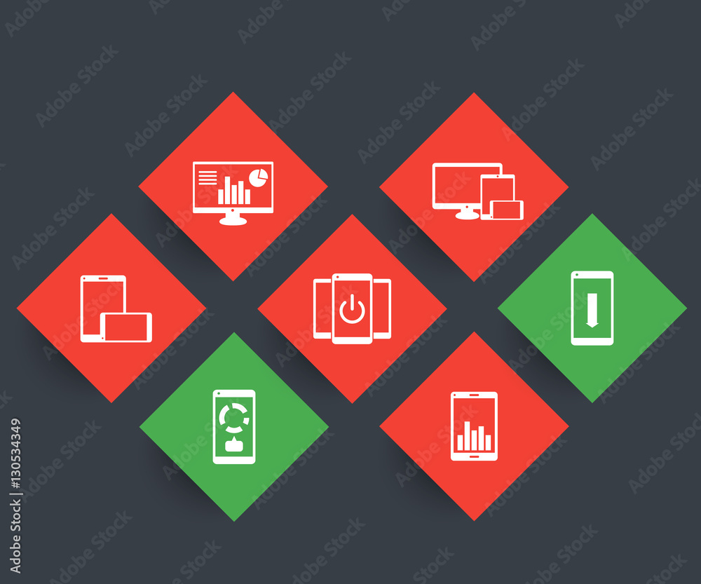 Poster mobile, desktop business app, phone, tablet, smartphone icons