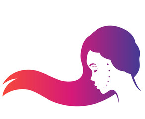 Mysterious long haired girl in profile, beautiful woman, side view on white, vector illustration