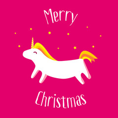 Merry Christmas card with fun unicorn. Vector illustration.