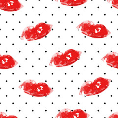 Fototapeta premium Seamless pattern in polka dot with red lips on white background. Valentines day ornament for textile and wrapping.