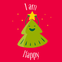Fun Christmas tree with star on red background. I am happy. Vector illustration.