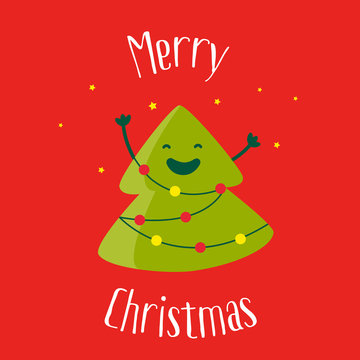 Merry Christmas card with a smiling cartoon christmas tree and garland with lights. Flat design. Vector illustration.