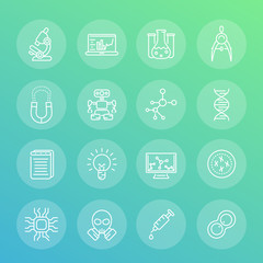 Science and research line icons set, robotics, mechanical engineering, integrated circuit design, laboratory, chemistry, physics,