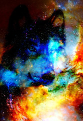 magical space wolf, multicolor computer graphic collage. Space fire.