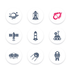 Space icons set, rocket, asteroid, UFO, satellite, astronaut, space probe, shuttle