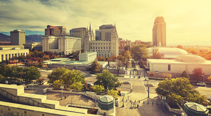 Vintage toned sunset over Salt Lake City downtown, Utah, USA.