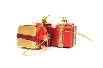 The gift boxes red & gold color on white background (isolated), Christmas holiday and party decoration.