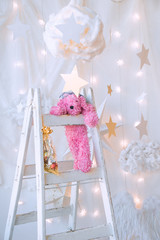 Plush pink dog, a ladder white Christmas cheer