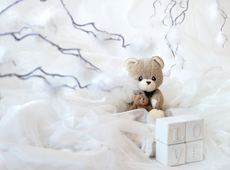 Teddy Bear cubes of white letters on a white background