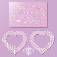 Set for wedding and celebration. Beautiful invitation and decorative hearts. Frames in the form of hearts