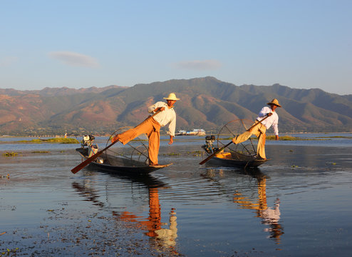 Traditional fishermen at Inle lake in Myanmar