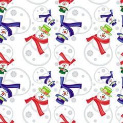 Winter seamless pattern with funny snowmen. Vector clip art.