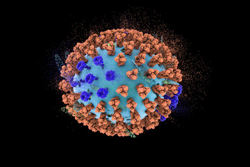 Destruction of Influenza virus,3D illustration. Concept for flu treatment and prevention
