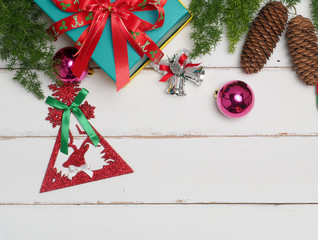 Christmas decoration cute item object with wood background .Top view,flat lay composition .