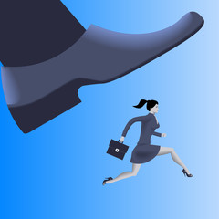 Corporate vs small business competition concept. Huge foot of corporate business trying to smash running business woman with case. Vector illustration. Use as template, logo, background.