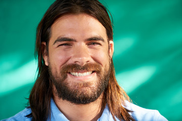 Fototapeta premium Happy People Portrait Young Latino Man With Beard Smiling