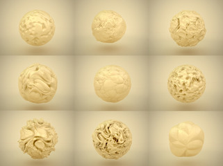 Set of golden balls with abstract textures relief