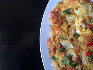 Fried egg on black table with crop /special breakfast