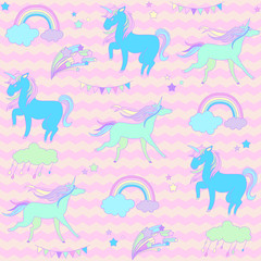 Blue and green unicorns with stars on a pink background waves.