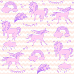 Pink unicorns with stars on a white and beige background waves.