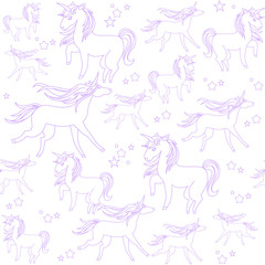 Fototapeta na wymiar Unicorns are depicted in the style of school drawing with a ballpoint pen and stars.