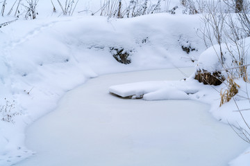 Green ice and the snow-covered shore of forest river