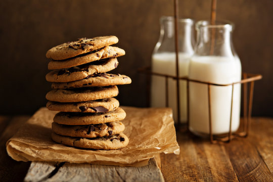 Homemade chocolate chip cookies with milk