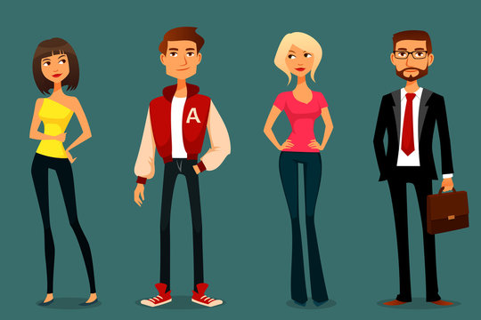 cute cartoon illustration of people in various outfits